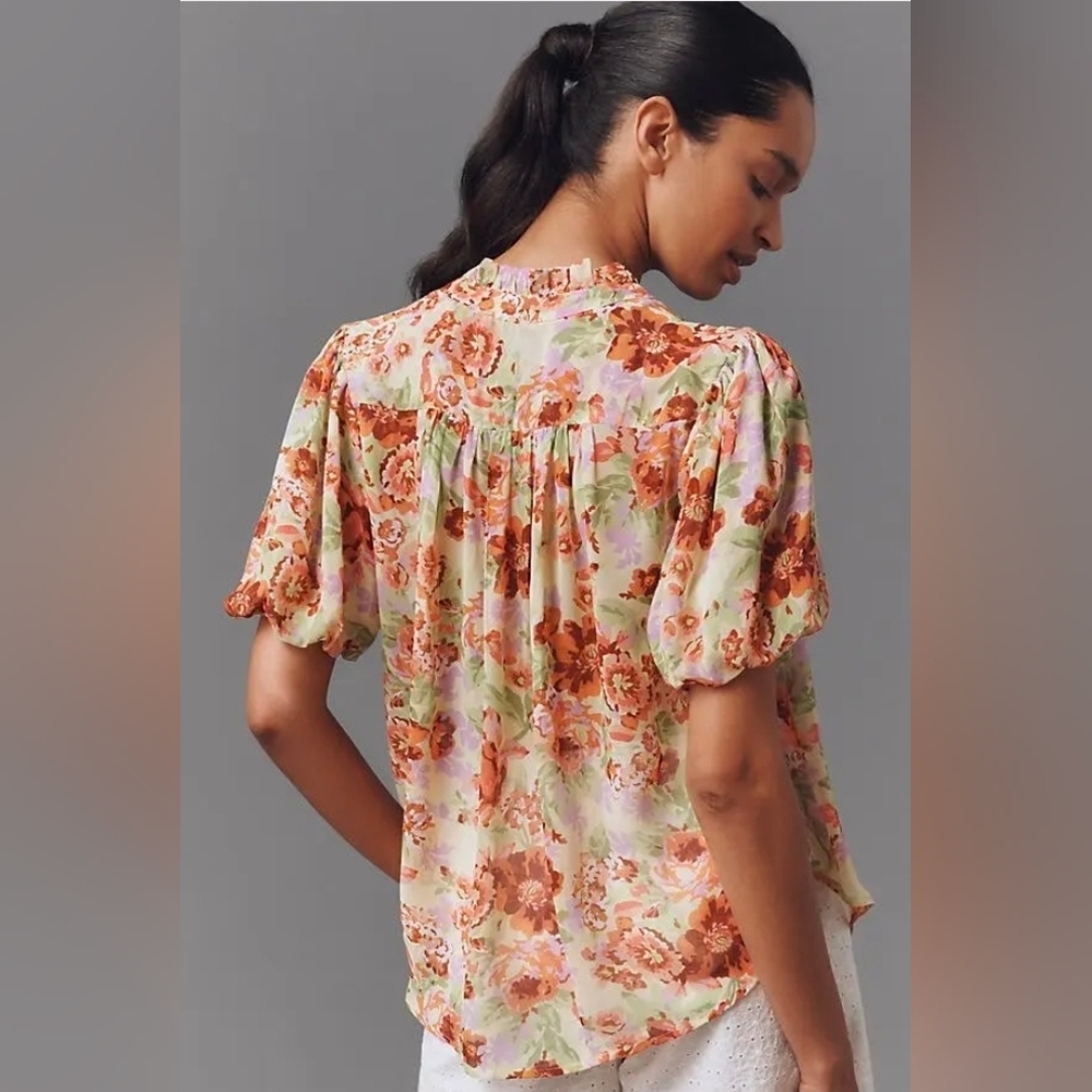 Anthropologie Estela Short Sleeve Sheer Floral Blouse - Picture 2 of 5
